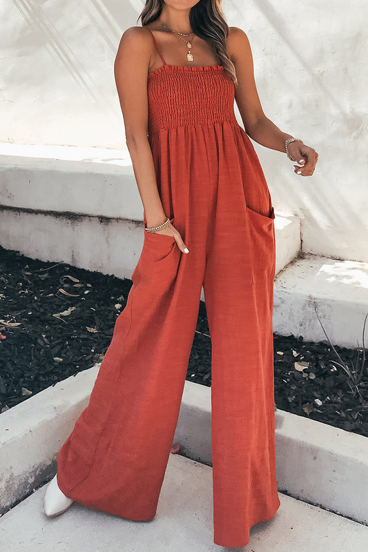 Smocked Spaghetti Strap Wide Leg Boho Jumpsuit - Spirit and Rebel [Spirit and Rebel] Orange-Red S 