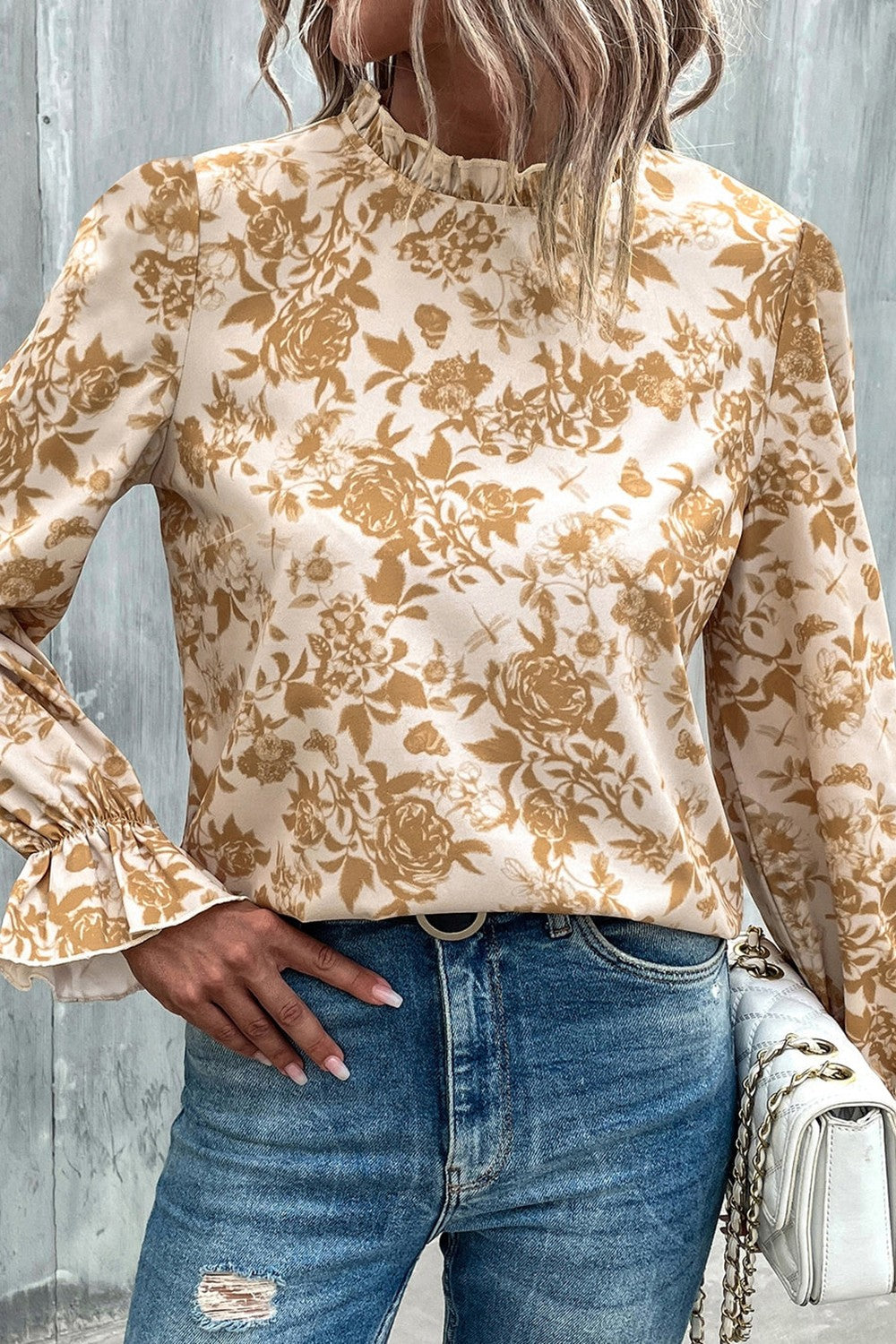 Floral Print Mock Neck Flounce Sleeve Blouse [Spirit and Rebel] Honey XL 