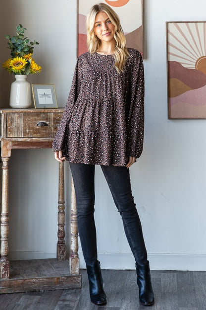 Spirit and Rebel Heimish Leopard Long Sleeve Tiered Bohemian Blouse [Spirit and Rebel]   