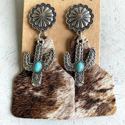 Turquoise Decor Cactus Alloy Boho Western Earrings [Spirit and Rebel]   