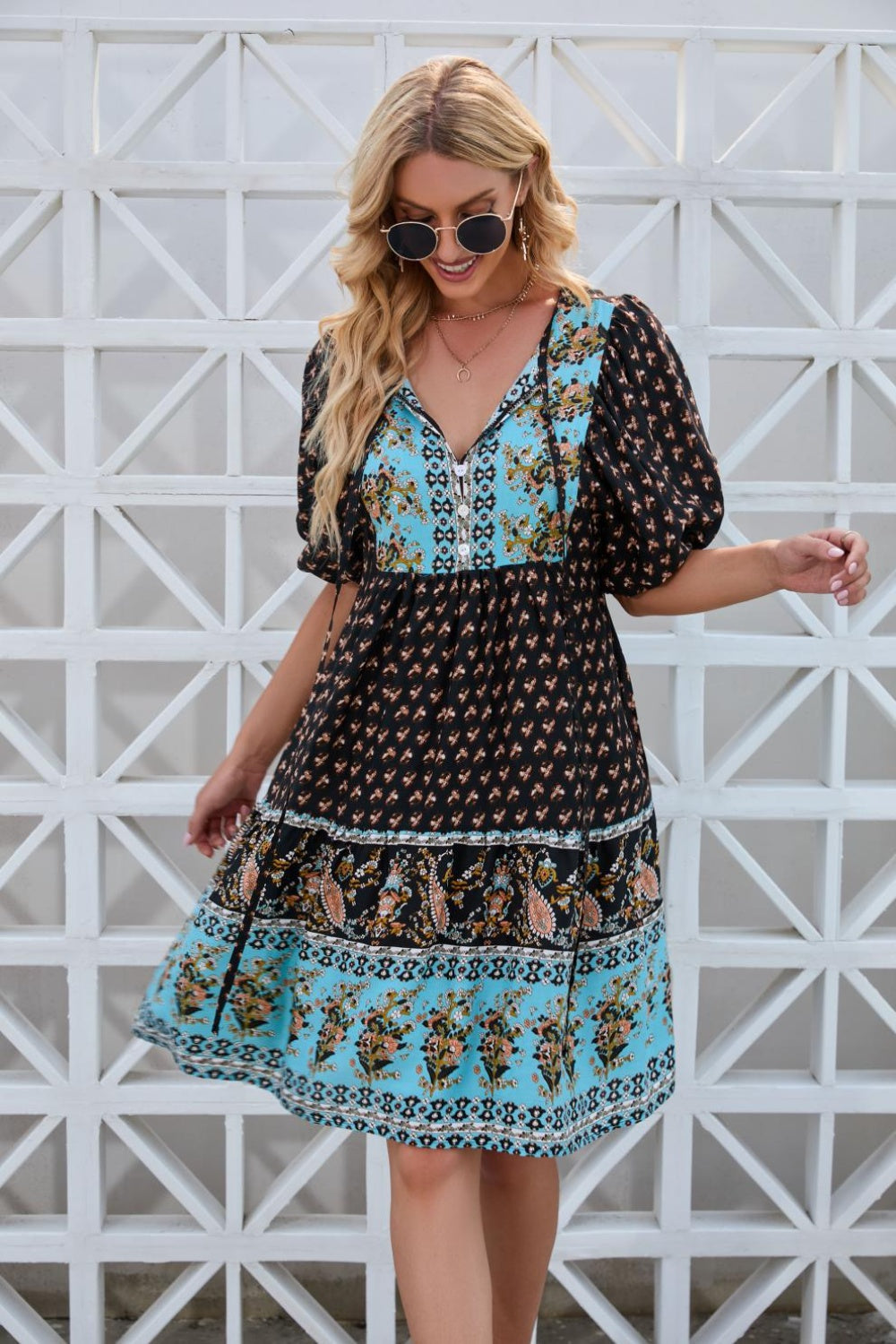 Printed Tie Neck Half Sleeve Boho Dress - Spirit and Rebel [Spirit and Rebel] Black S 