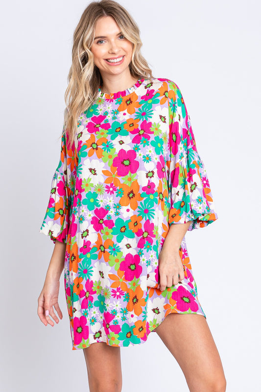 Plus Size Floral Round Neck Lantern Sleeve Mini Boho Dress - Spirit and Rebel [Spirit and Rebel] Multi S 