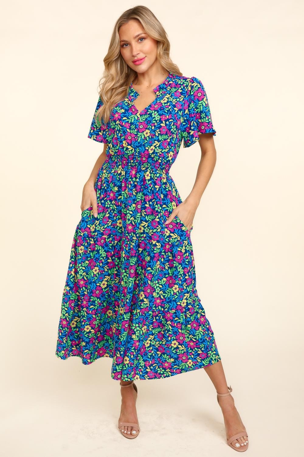 Printed Notched Short Sleeve Boho Dress with Pockets - Spirit and Rebel [Spirit and Rebel] Navy S 