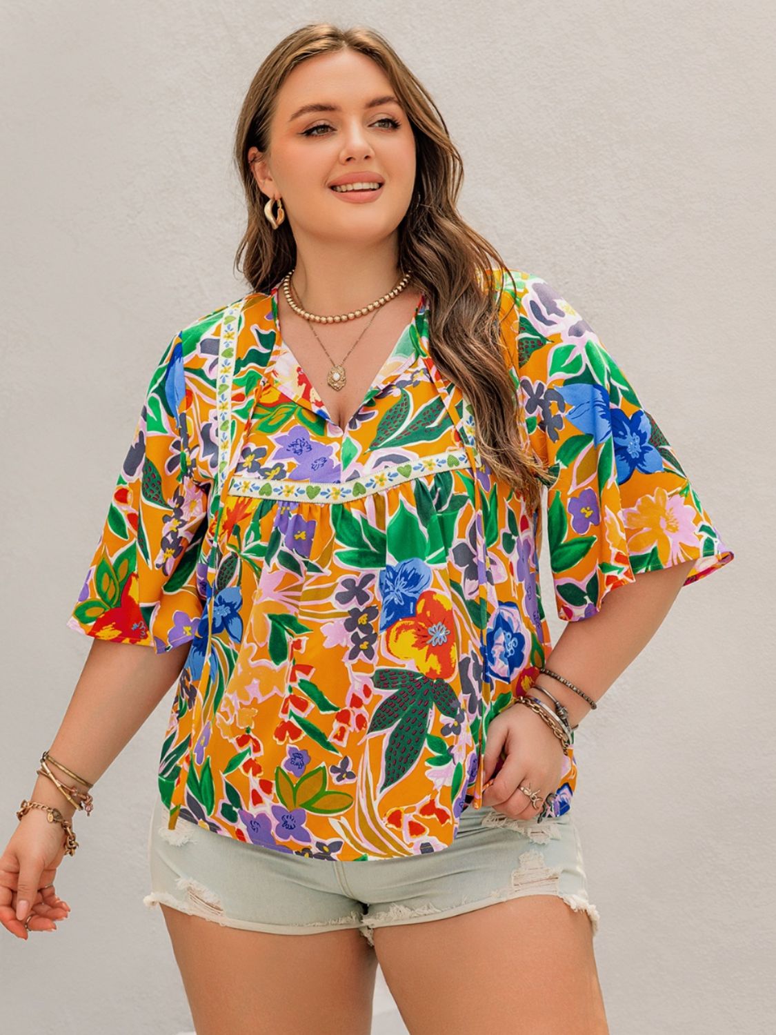 Plus Size Printed Tie Neck Half Sleeve Boho Blouse - Spirit and Rebel [Spirit and Rebel]   