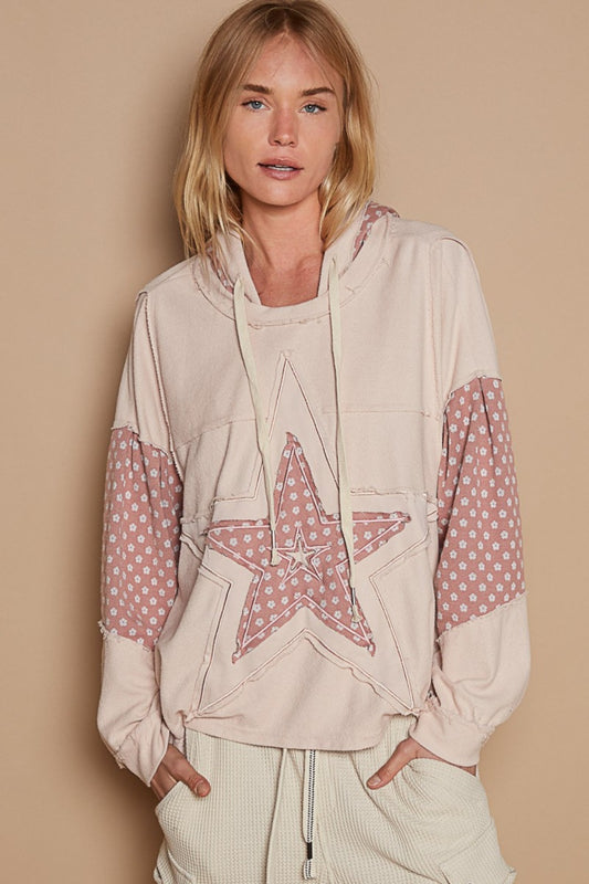 Spirit and Rebel Star Patchwork Raw Edge French Terry Hoodie [Spirit and Rebel] Dusty Rose S 