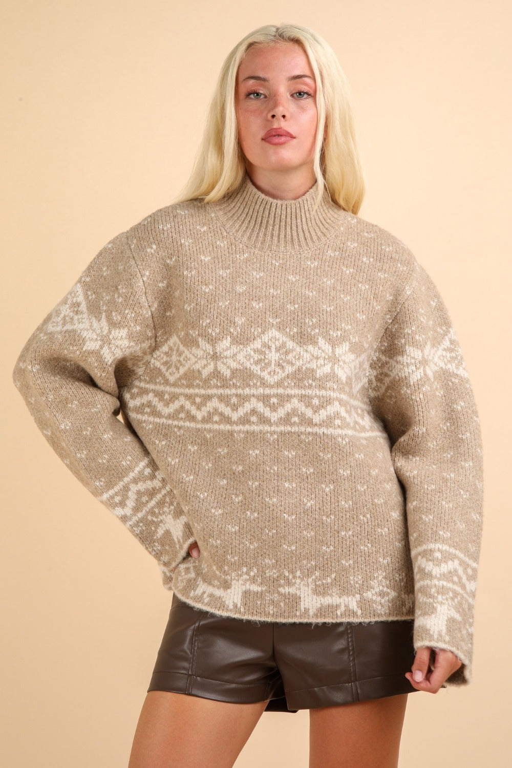 Spirit and Rebel Christmas Element Mock Neck Long Sleeve Boho Sweater [Spirit and Rebel] Mocha S 