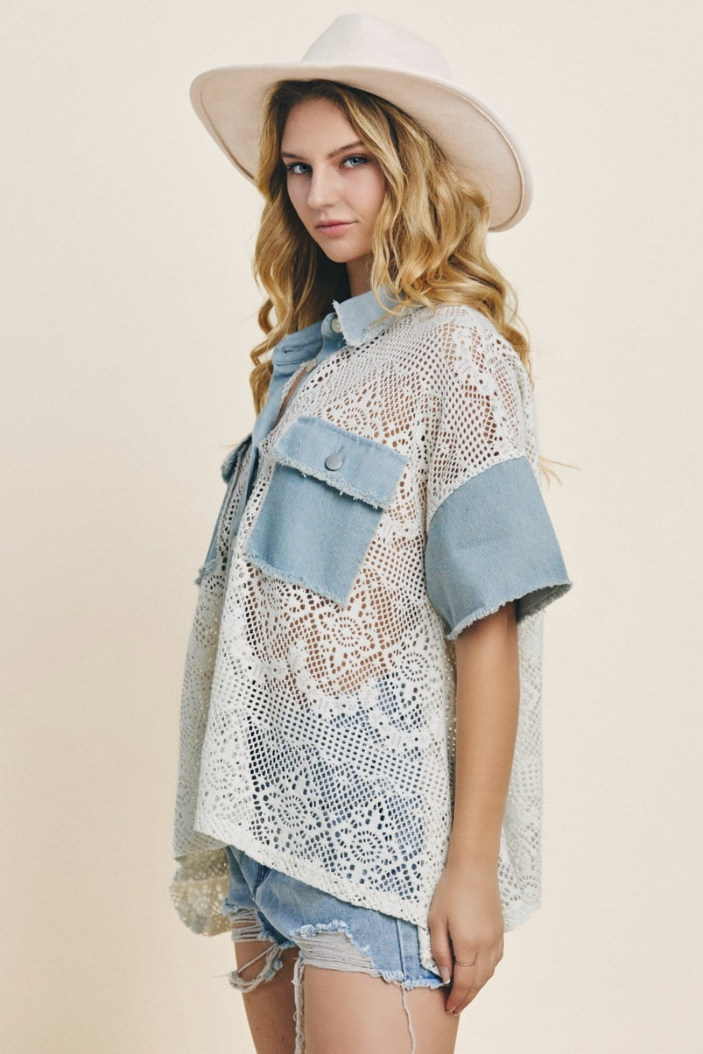 Boho Western Button Up Short Sleeve Lace Boho Shirt - Spirit and Rebel [Spirit and Rebel]   