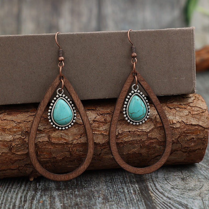 Wooden Turquoise Cutout Teardrop Boho Earrings - Spirit and Rebel [Spirit and Rebel]   