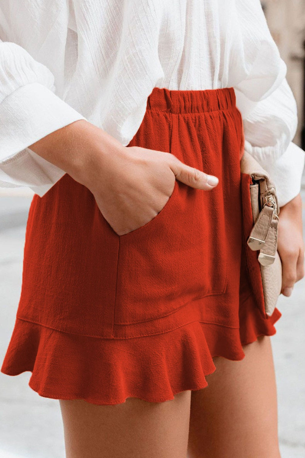 Full Size Ruffled Elastic Waist Shorts [Spirit and Rebel] Red S 