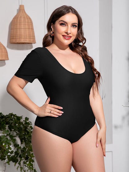 Plus Size Scoop Neck Short Sleeve One-Piece Swimsuit [Spirit and Rebel]