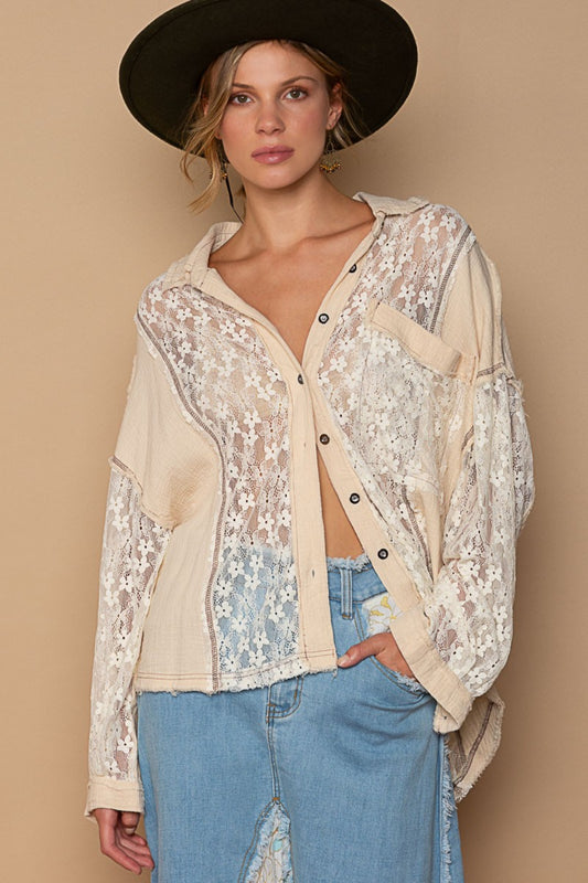 Boho Western Oversize Lace Button-Down Boho Shirt - Spirit and Rebel [Spirit and Rebel] Sand S 