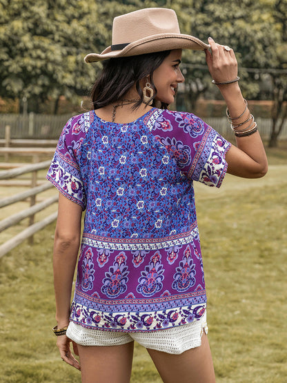 Printed Tie Neck Short Sleeve Boho Blouse - Spirit and Rebel [Spirit and Rebel]   