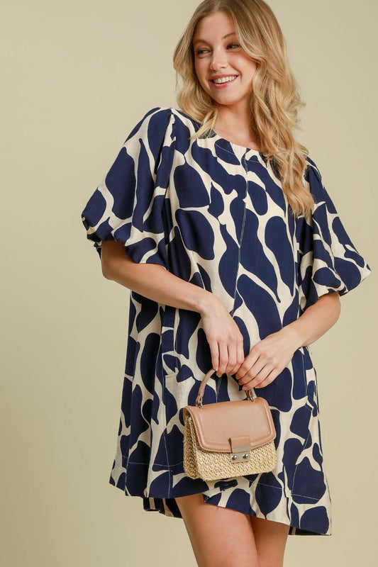 Two Tone Abstract Print Puff Sleeve Dress [Spirit and Rebel] Navy S