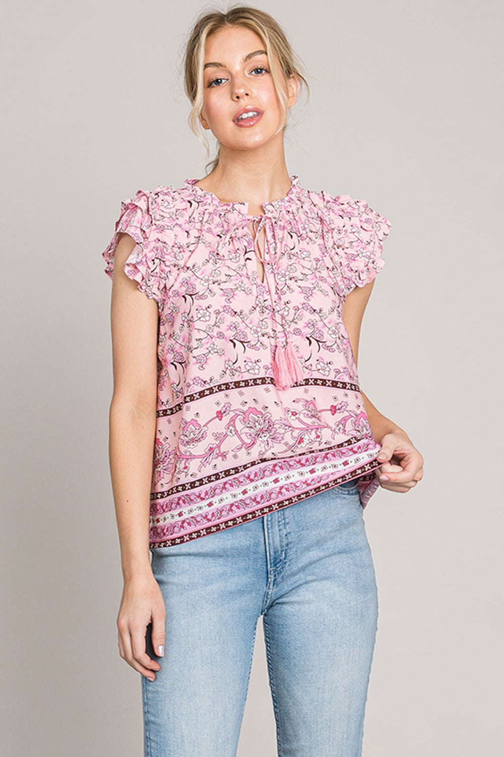 Cotton Bleu by Nu Lab Print Ruffle Sleeve Detail Boho Blouse - Spirit and Rebel [Spirit and Rebel] Pink S 