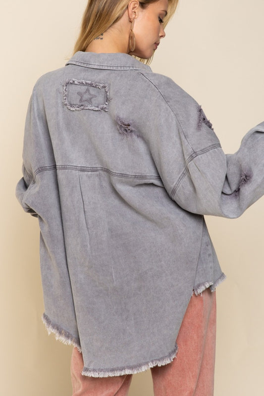 Button Down Raw Hem Distressed Shacket - Spirit and Rebel [Spirit and Rebel] Grey S 