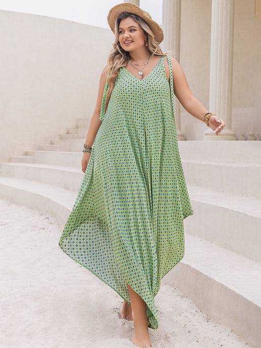 Plus Size Printed V-Neck Wide Leg Boho Jumpsuit - Spirit and Rebel [Spirit and Rebel] Gum Leaf 0XL 