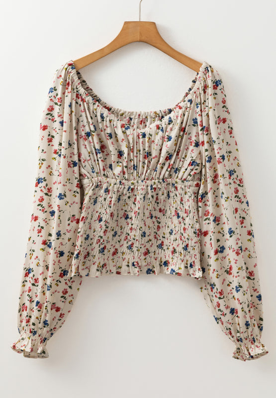 Ruched Printed Scoop Neck Long Sleeve Blouse [Spirit and Rebel]