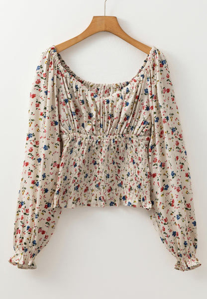 Ruched Printed Scoop Neck Long Sleeve Blouse [Spirit and Rebel]