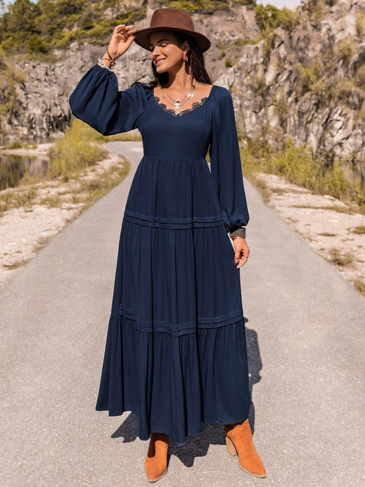 Long Sleeve Lace Trim Boho Wedding Guest Dress [Spirit and Rebel] Navy S 