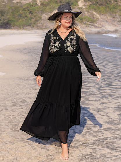 Spirit and Rebel Plus Size Embroidered Tie Neck Long Sleeve Dress [Spirit and Rebel]   