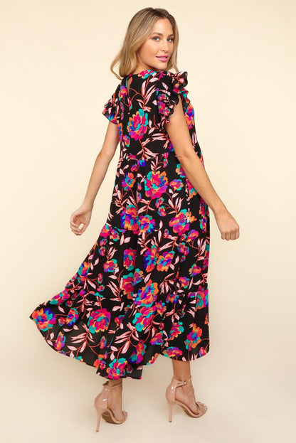 Ruffled Printed Round Neck Cap Sleeve Boho Dress - Spirit and Rebel [Spirit and Rebel]   