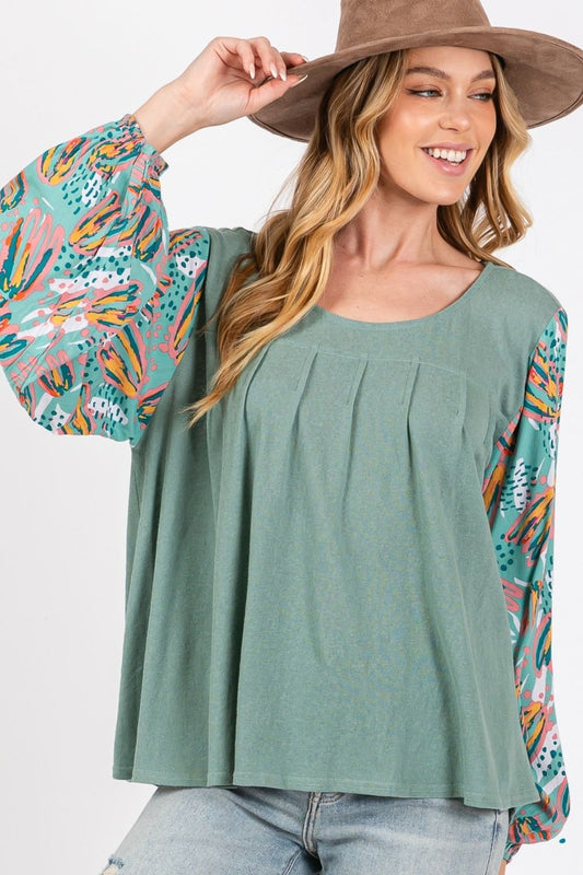 Ruched Round Neck Printed Bubble Sleeve Boho Top - Spirit and Rebel [Spirit and Rebel] Sage S 