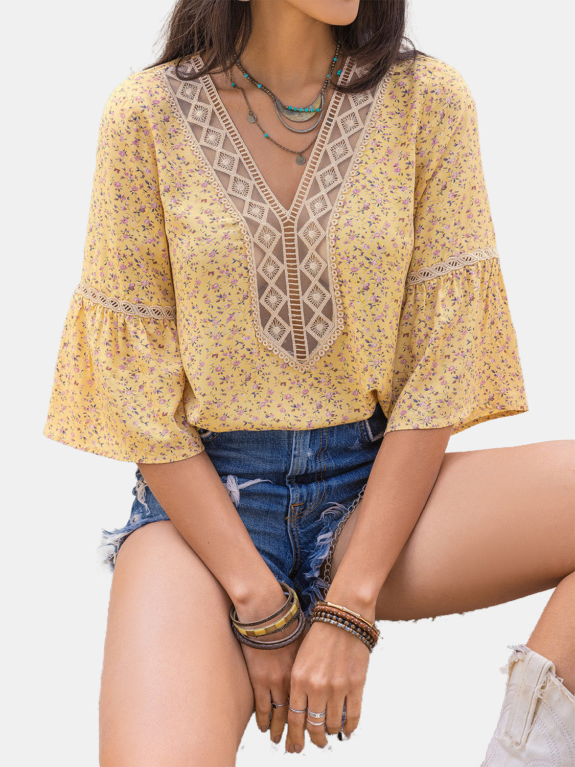 Ditsy Floral V-Neck Boho Blouse - Spirit and Rebel [Spirit and Rebel]   