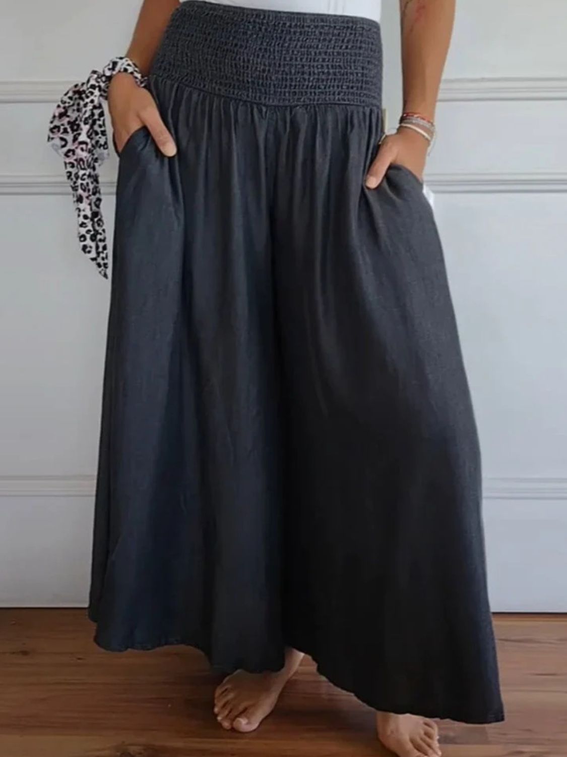 Spirit and Rebel Plus Size Smocked Wide Leg Boho Pants with Pockets [Spirit and Rebel] Black S 