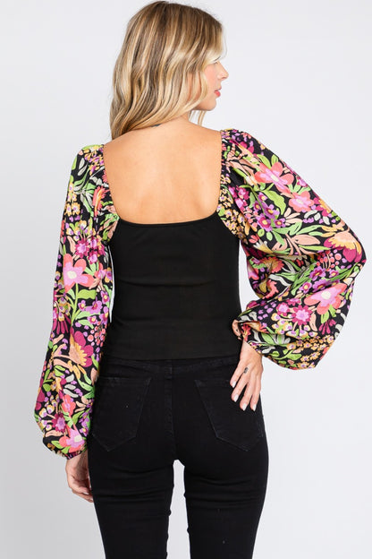 Spirit and Rebel Plus Size Floral Balloon Sleeve Boho Blouse [Spirit and Rebel]   