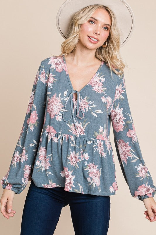 Super Lady Plus Size Babydoll Floral Long Sleeve Boho Blouse [Spirit and Rebel] Floral S 