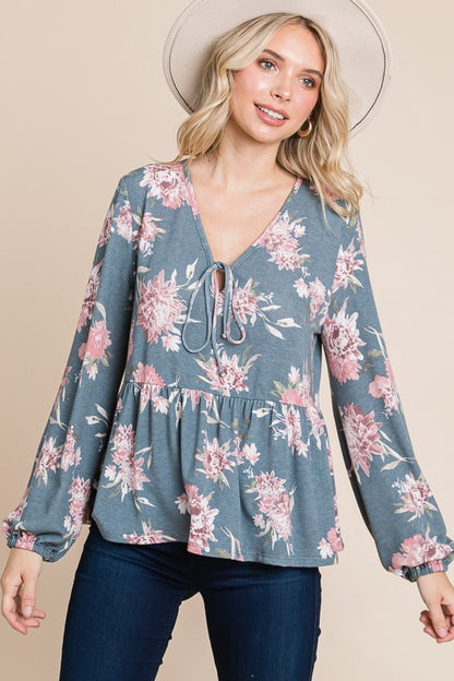 Super Lady Plus Size Babydoll Floral Long Sleeve Boho Blouse [Spirit and Rebel] Floral S 