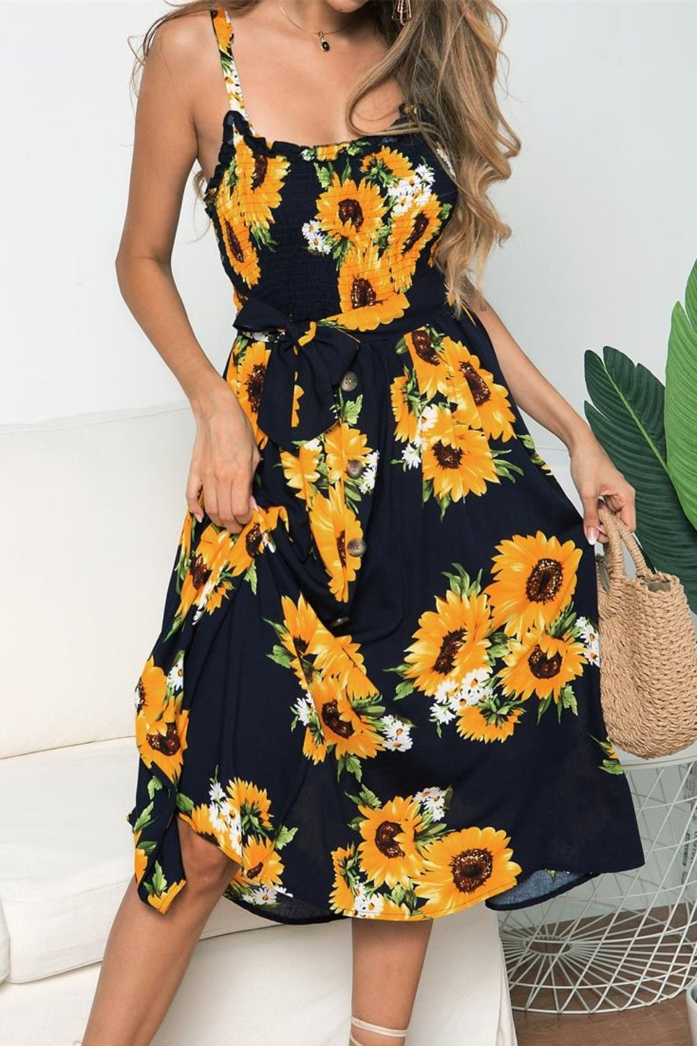 Smocked Sunflower Printed Sleeveless Cami Dress [Spirit and Rebel]   