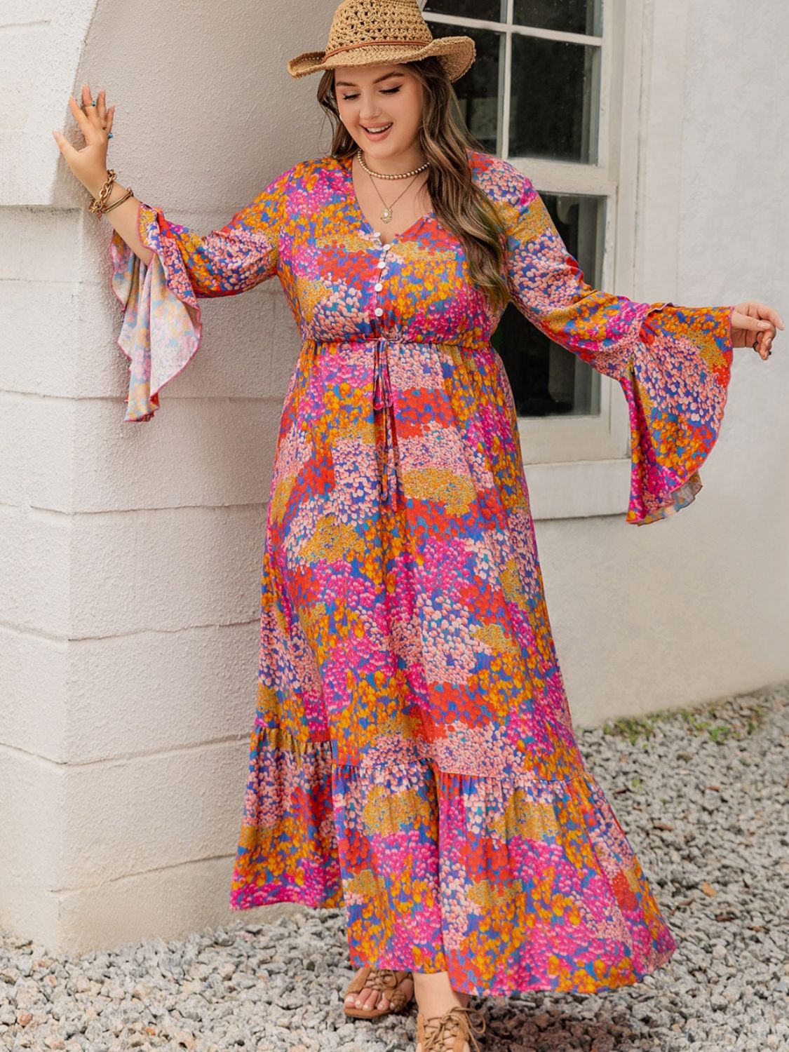 Plus Size Printed V-Neck Long Sleeve Maxi Dress - Spirit and Rebel [Spirit and Rebel] Orange-Red 0XL 