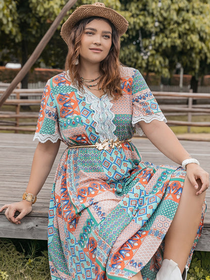 Plus Size Lace Detail Printed Half Sleeve Midi Boho Dress - Spirit and Rebel [Spirit and Rebel]   