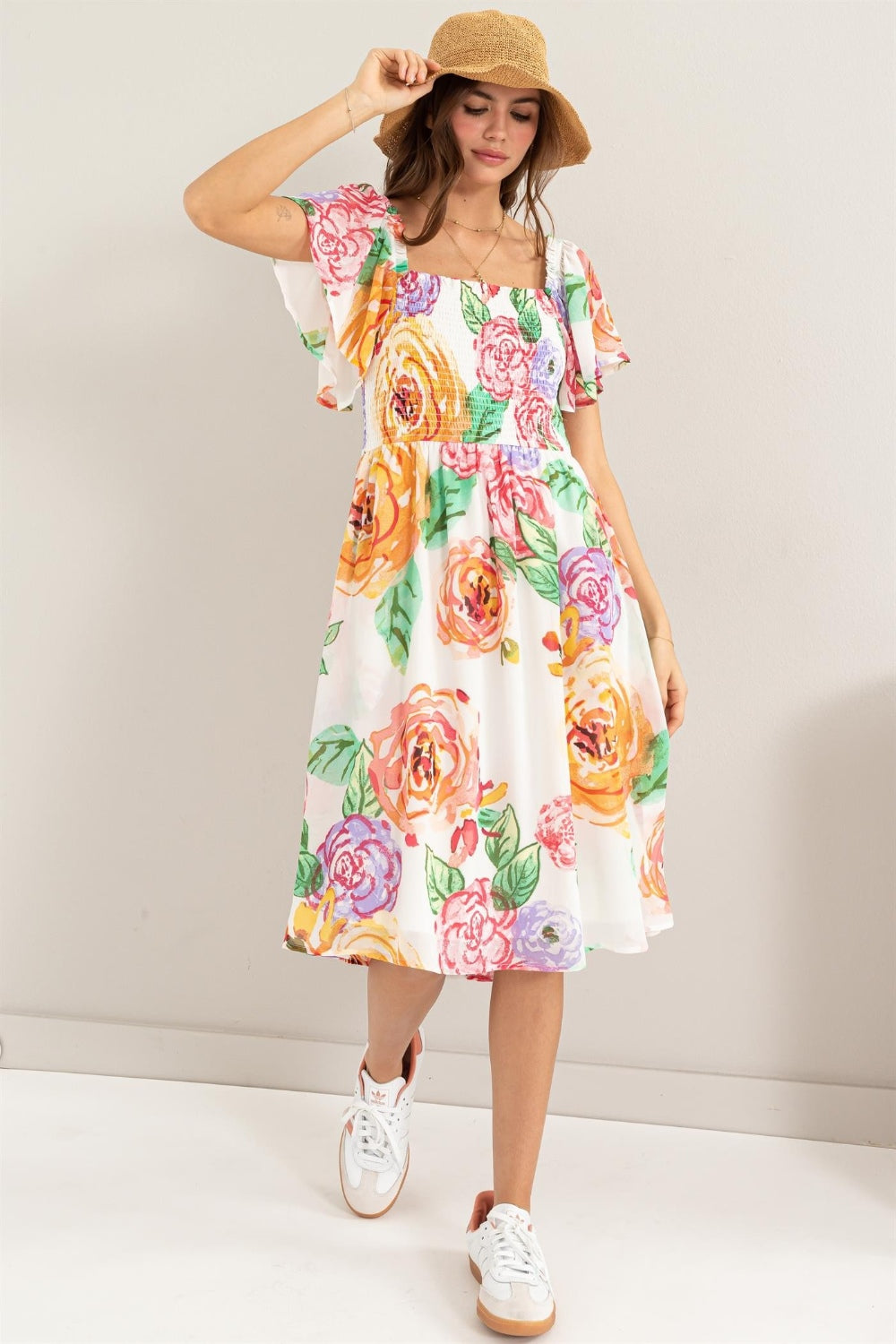 Floral Flutter Sleeve Smocked Boho Dress - Spirit and Rebel [Spirit and Rebel] Multi S 