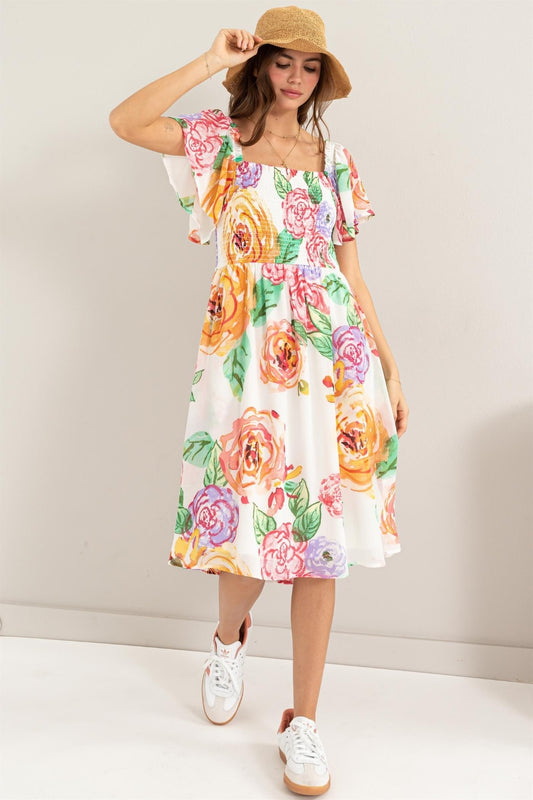 Floral Flutter Sleeve Smocked Boho Dress - Spirit and Rebel [Spirit and Rebel] Multi S 