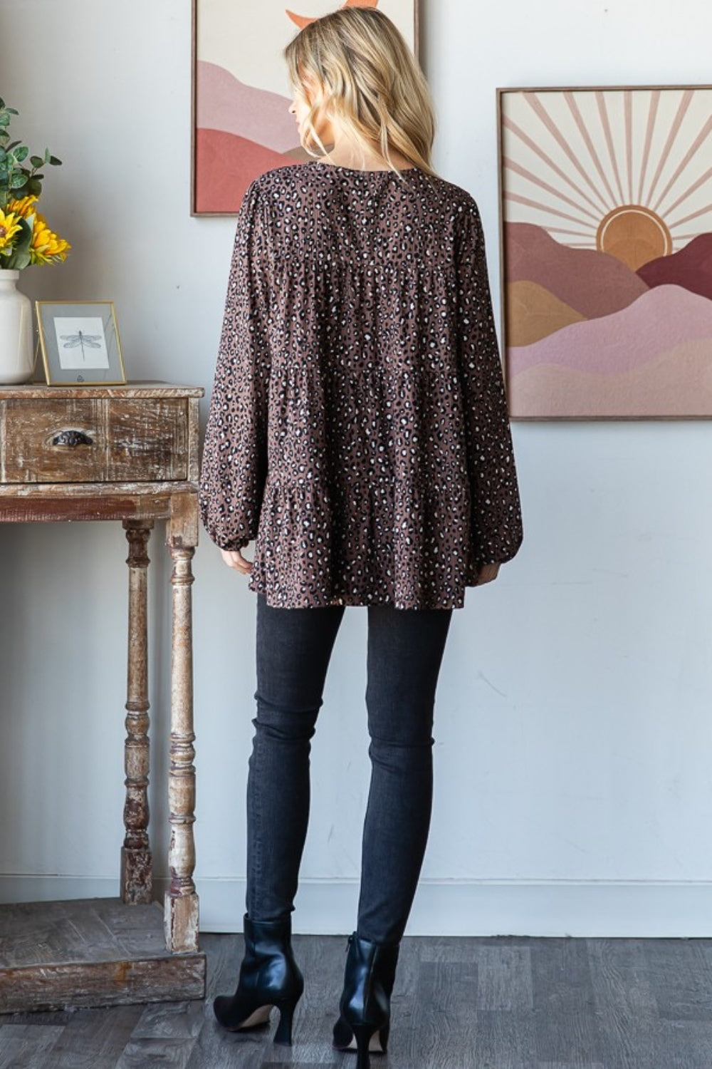 Spirit and Rebel Heimish Leopard Long Sleeve Tiered Bohemian Blouse [Spirit and Rebel]   