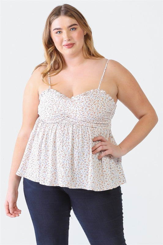 Plus Size Frill Smocked Floral Sweetheart Neck Boho Cami - Spirit and Rebel [Spirit and Rebel] Off-White 1XL 