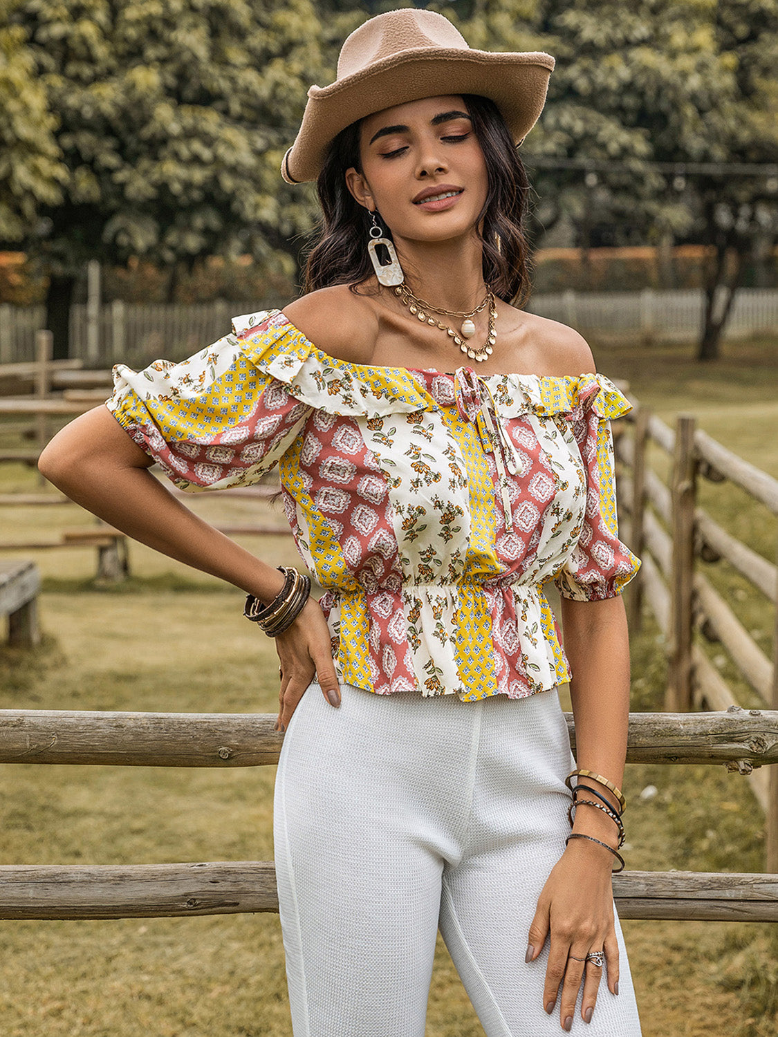 Ruffled Printed Off-Shoulder Short Sleeve Boho Blouse - Spirit and Rebel [Spirit and Rebel]   