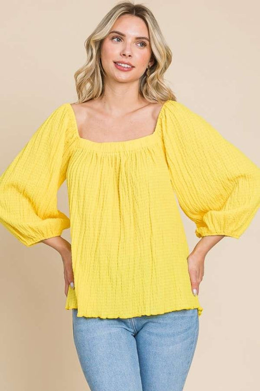 Texture Square Neck Puff Sleeve Boho Top - Spirit and Rebel [Spirit and Rebel] Lemonade S 