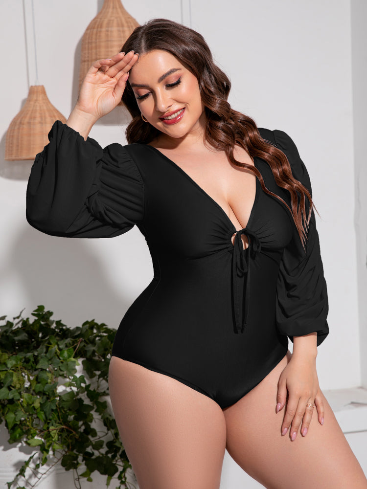 Plus Size Tied Deep V Balloon Sleeve One-Piece Swimsuit [Spirit and Rebel]