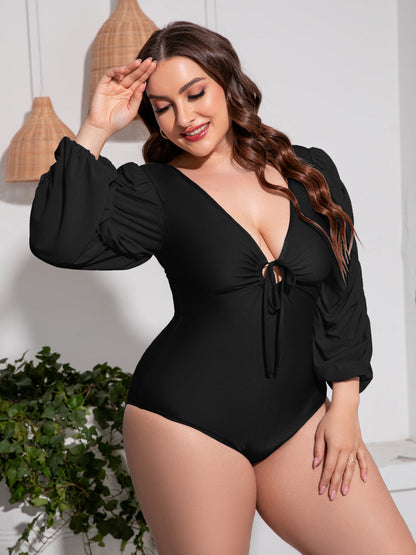 Plus Size Tied Deep V Balloon Sleeve One-Piece Swimsuit [Spirit and Rebel]