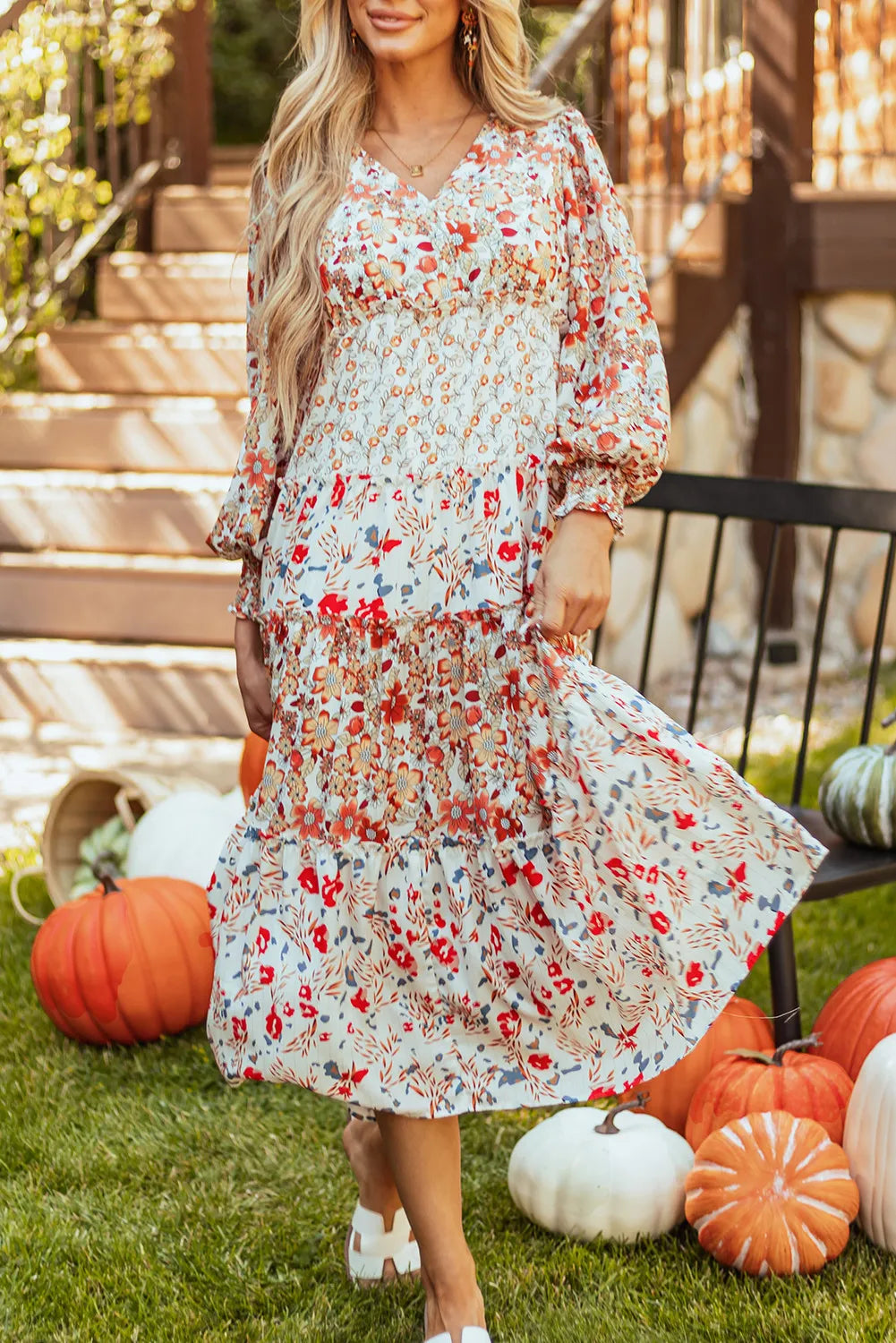 Spirit and Rebel Plus Size Printed V-Neck Lantern Sleeve Midi Dress [Spirit and Rebel] Floral S 