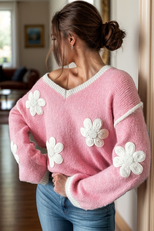 Flower V-Neck Dropped Shoulder Boho Sweater - Spirit and Rebel [Spirit and Rebel] Blush Pink S 