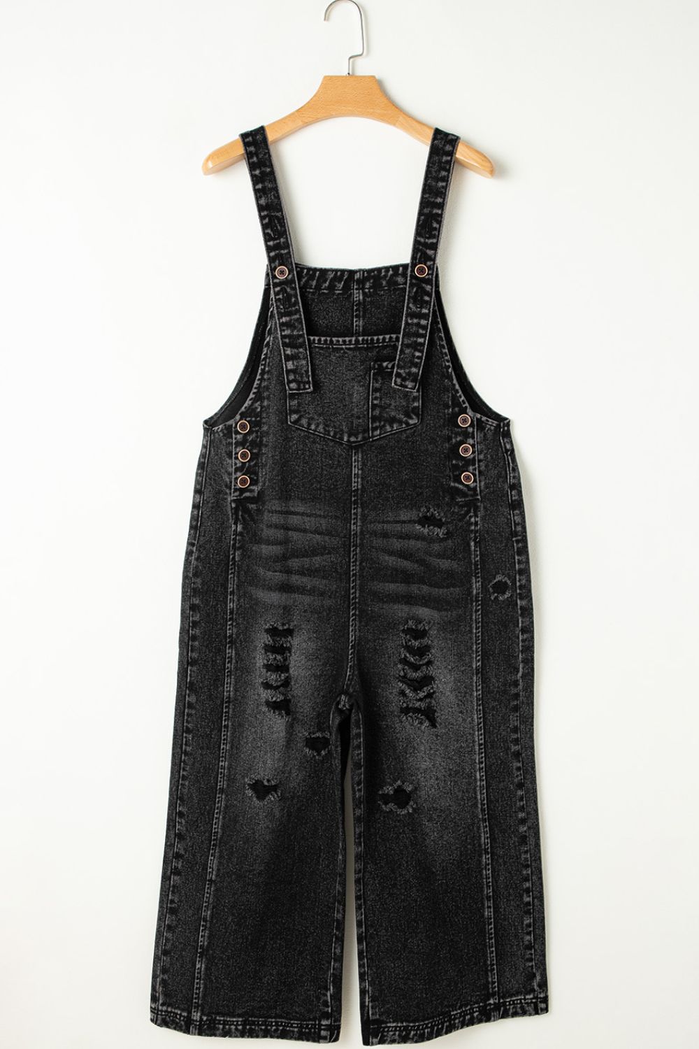 Spirit and Rebel Distressed Wide Strap Denim Overalls [Spirit and Rebel]   