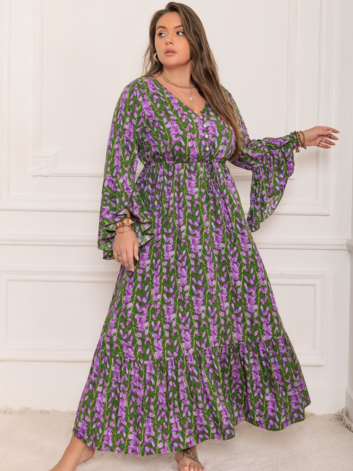 Plus Size Printed V-Neck Long Sleeve Maxi Dress - Spirit and Rebel [Spirit and Rebel]   