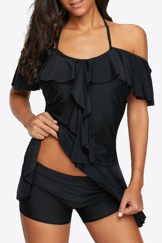 Sunset and Swim Ruffled Cold-Shoulder Two-Piece Tankini Sunset and Swim