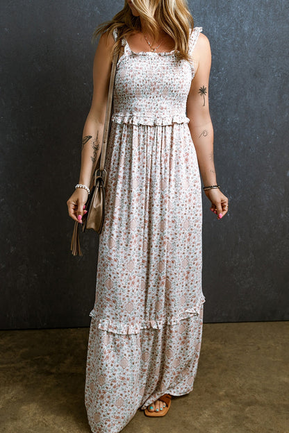 Ruffled Smocked Printed Sleeveless Maxi Boho Dress - Spirit and Rebel [Spirit and Rebel]   