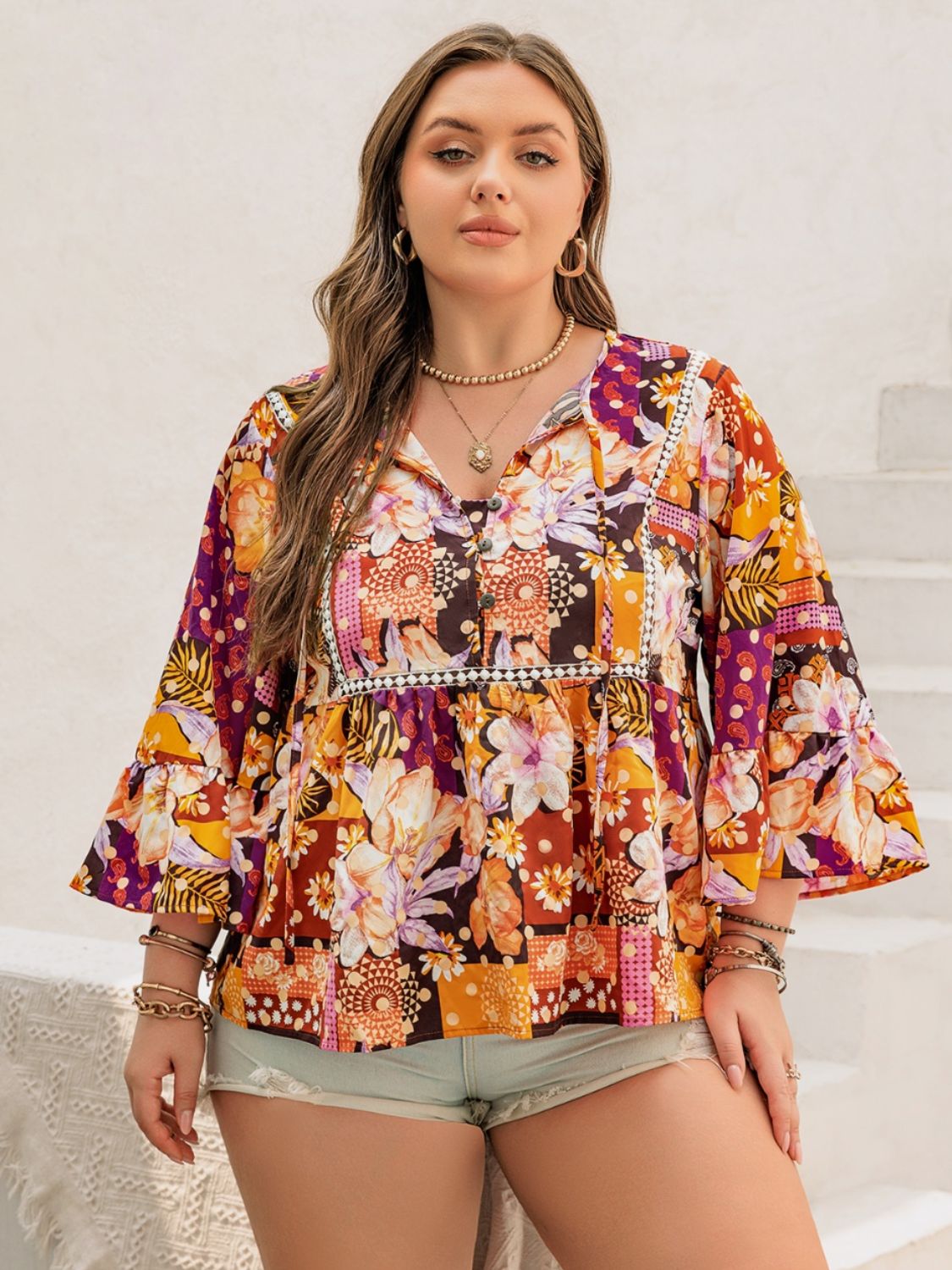 Plus Size Printed Tie Neck Boho Blouse - Spirit and Rebel [Spirit and Rebel] Tangerine 0XL 