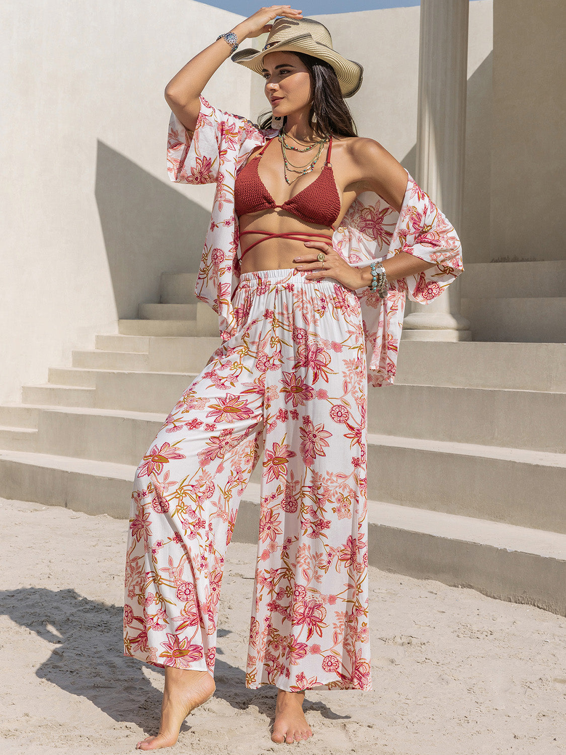 Printed Open Front Half Sleeve Boho Top and Boho Pants Set - Spirit and Rebel [Spirit and Rebel]   